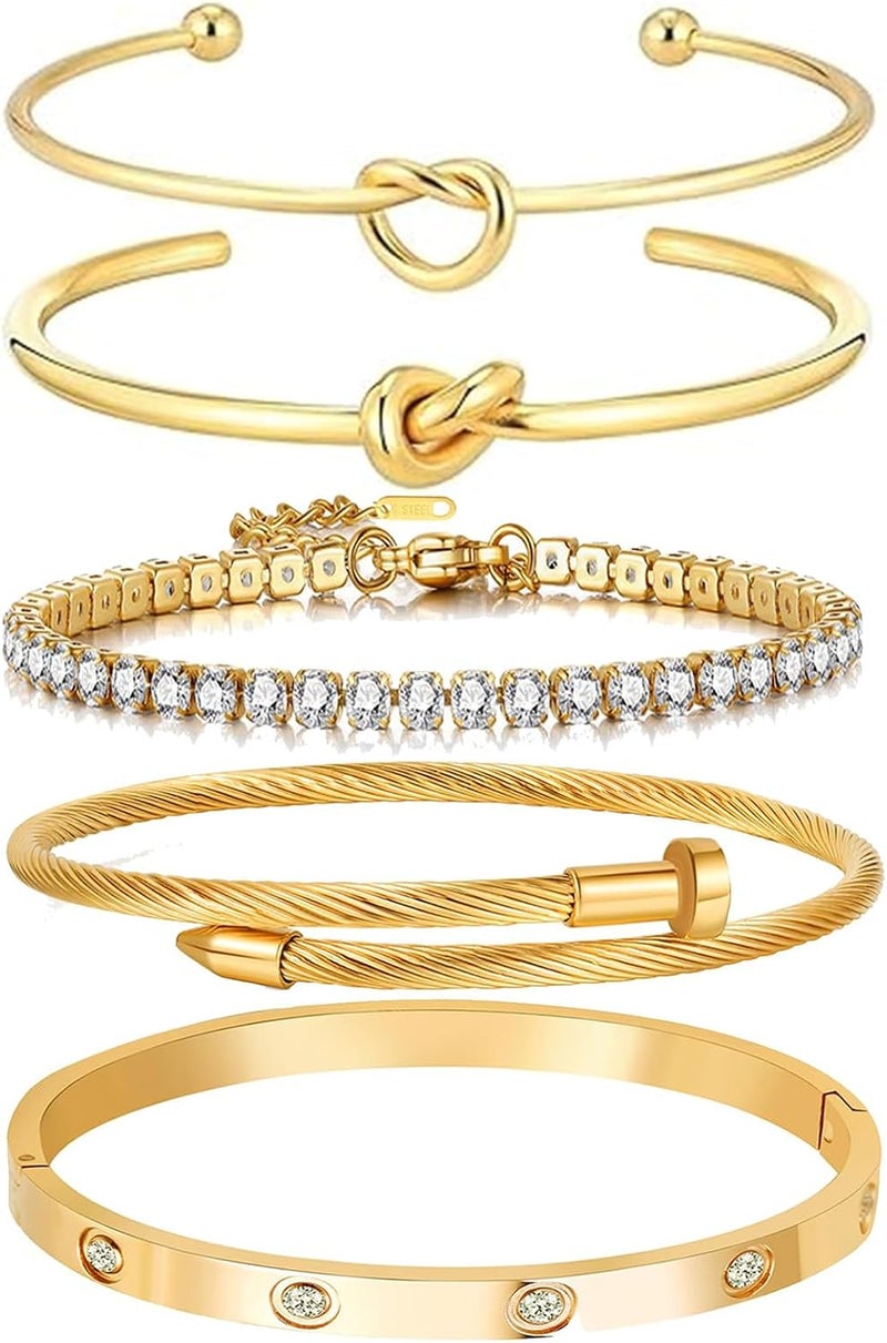 FAFUGA 18 K Gold Plated Love Bangle Bracelet Stack Cuff Jewelry for Women Jewelry Set for Women Gift with Box - Image 1